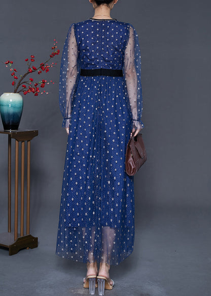 Blue V Neck Print Tulle Long Dresses Summer