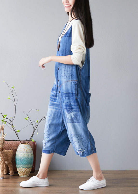 Handmade Light Blue Pockets V Neck Print Jumpsuit Spring