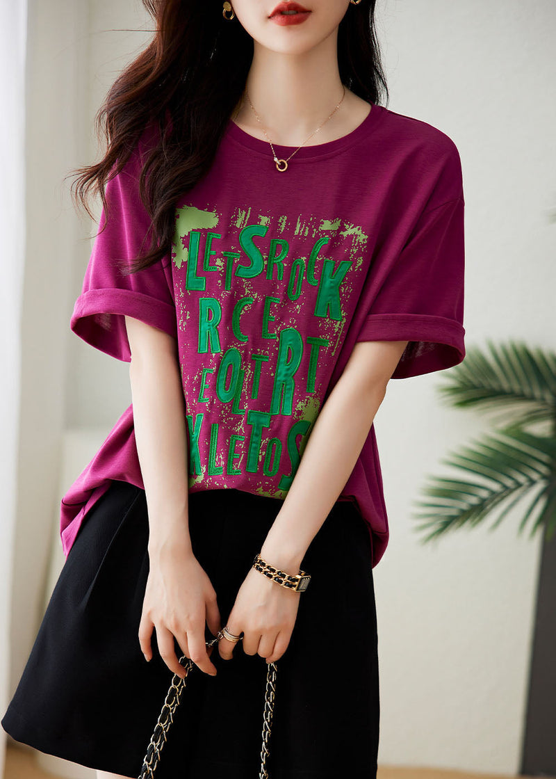 Loose Grey O-neck Print Top Short Sleeve