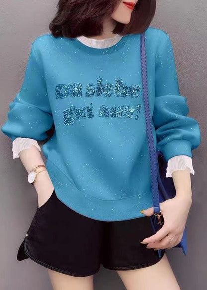 Blue Embroideried Patchwork Ruffled Fall Sweatshirt Street Wear