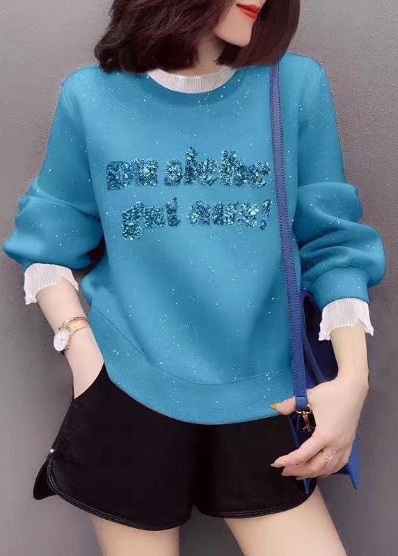 Blue Embroideried Patchwork Ruffled Fall Sweatshirt Street Wear