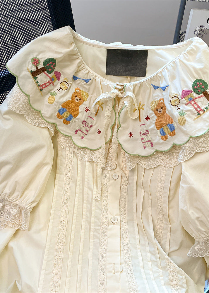 Apricot Peter Pan Collar Embroidered Patchwork Cotton Shirts Summer