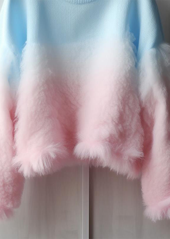 Gradient Color Fluffy Patchwork Cozy Cotton Knit Sweaters Fall