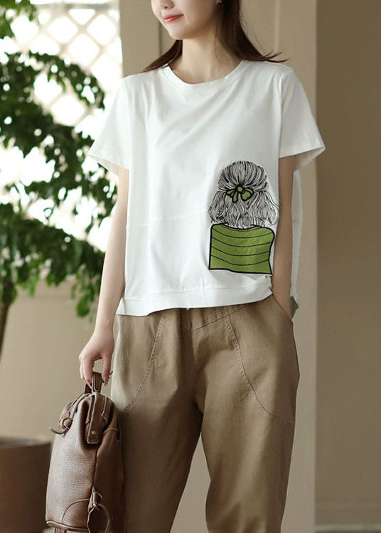 White O-neck Embroideried Patchwork Cotton Top Summer
