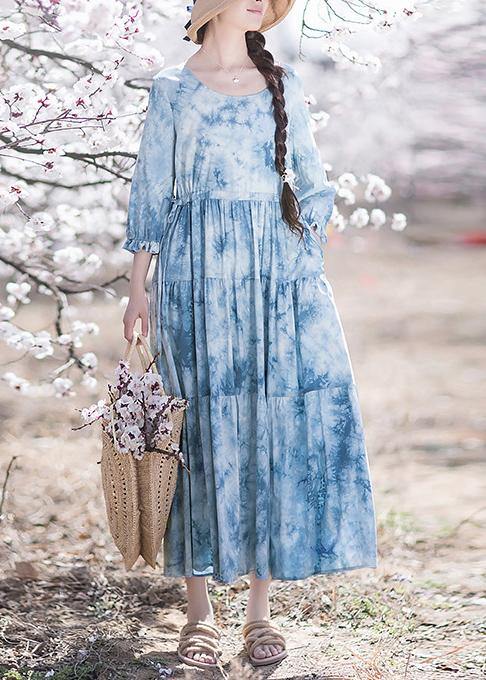 Handmade O-neck Drawstring Summer Soft Long Blue Dress