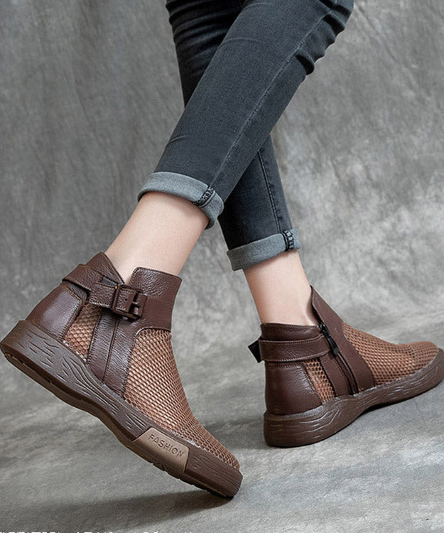 Brown Knit Fabric Hollow Out Splicing Flat Shoes