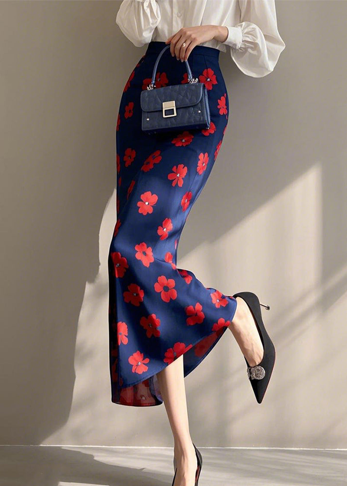 Blue Print High Waist Cotton Skirt Spring