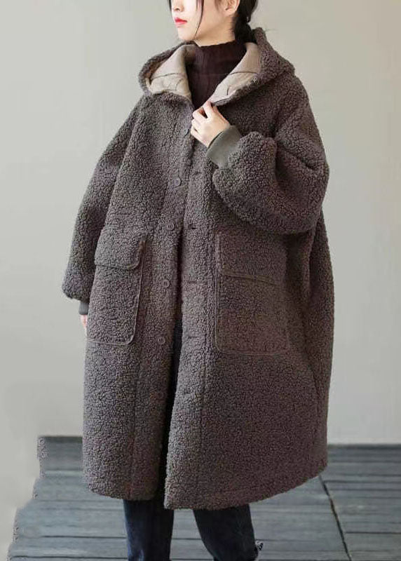 Coffee Button Pockets Warm Faux Fur Hooded Coat Long Sleeve