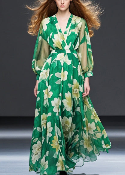 Grass Green Cinched Chiffon Maxi Dresses Fall