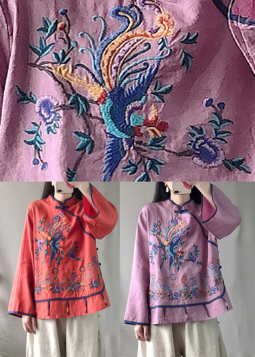 Classy Purple Stand Collar Embroideried Linen Top Long Sleeve