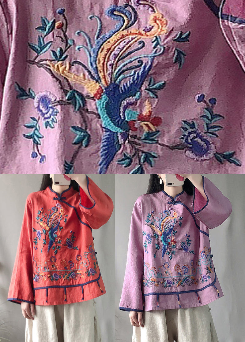 Classy Purple Stand Collar Embroideried Linen Top Long Sleeve