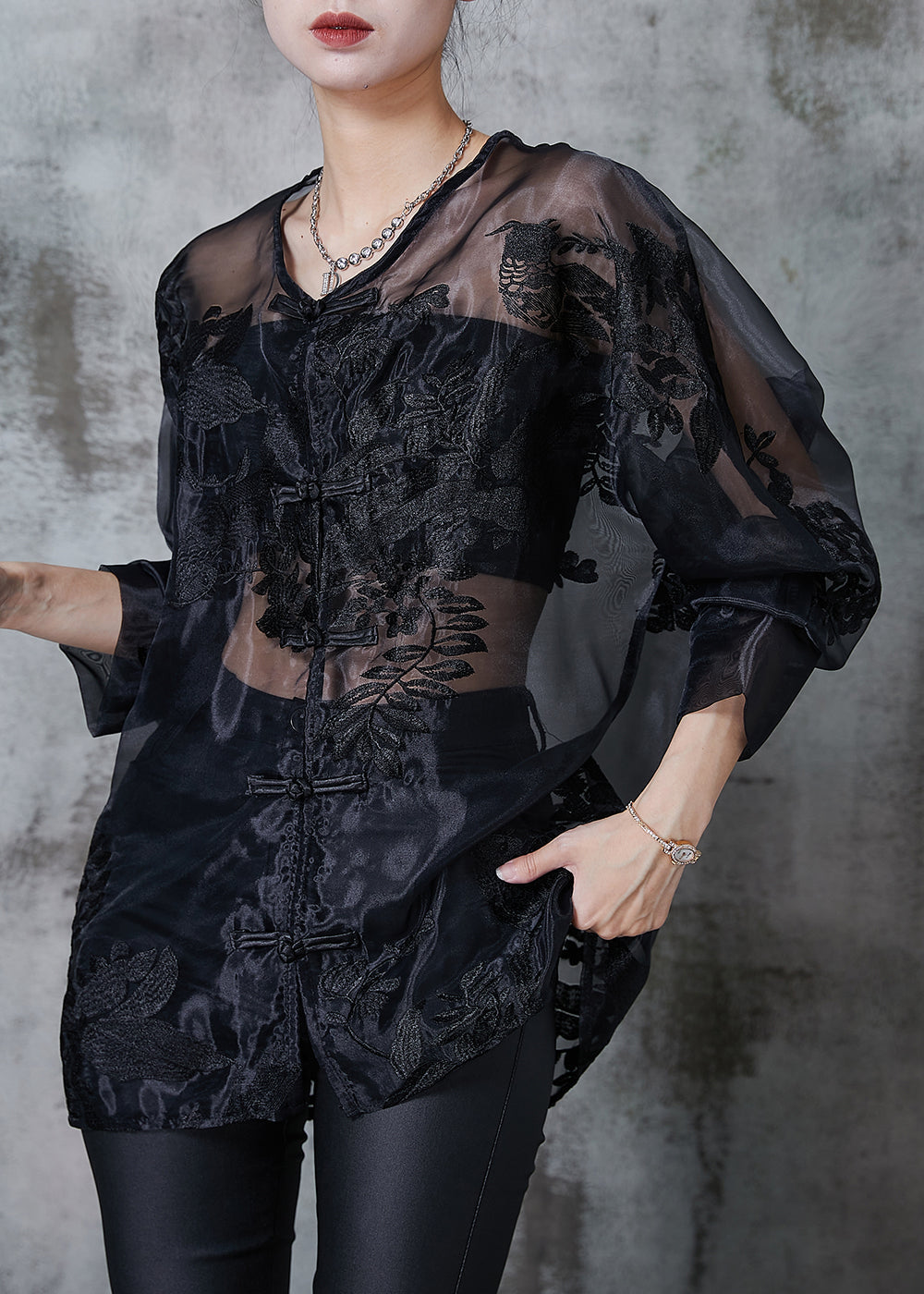 Black Embroidered Hollow Out Organza Blouses Summer