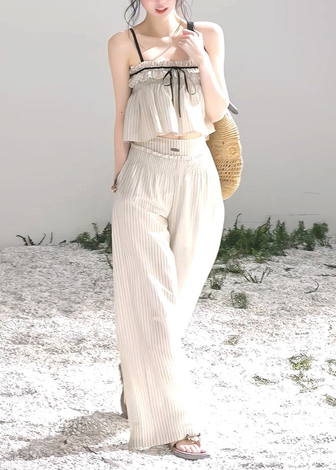 Modern Beige Ruffled Striped Cotton Bow Sets 2 Pieces Summer