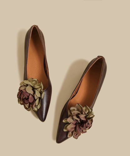 New Brown Flower Cowhide Leather Chunky Heel Shoes