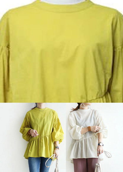 Yellow O-neck Patchwork Shirts Lantern Sleeve
