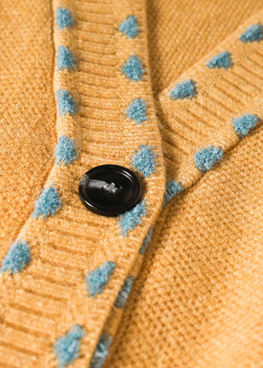 Yellow Loose Button Pockets Fall Knit Sweater Coat
