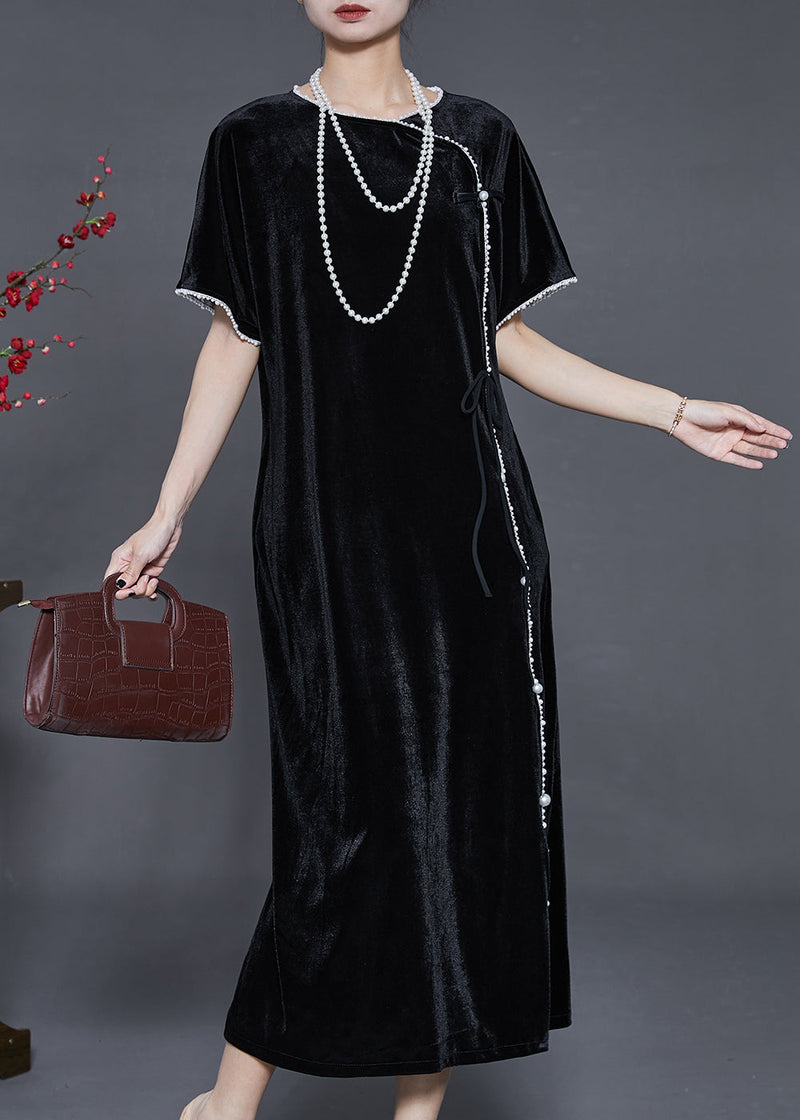 Fine Black Nail Bead Silk Velour Oriental Dresses Summer