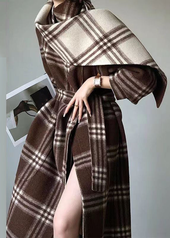 Unique Plaid Tie Waist Patchwork Wear on Both Sides Woolen Coats Fall