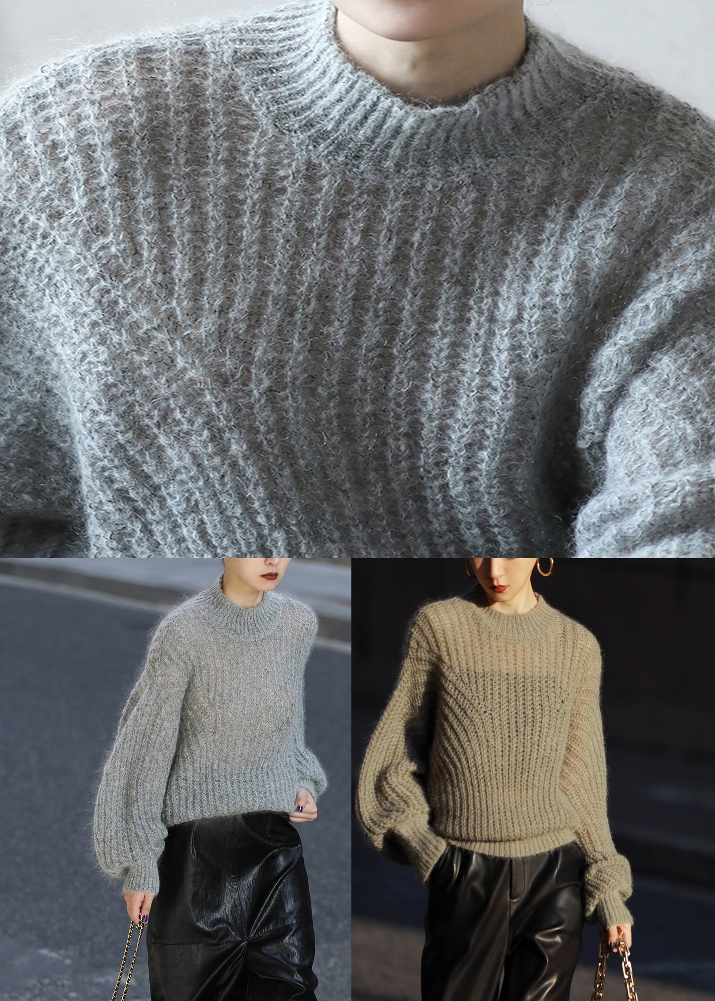 Green Cozy Ma Hai Mao Knit Sweater Lantern Sleeve Long Sleeve
