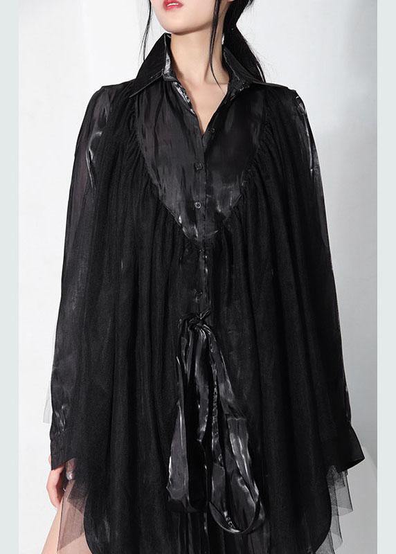 Stylish Black Patchwork Tulle Tie Waist Asymmetrical Design Summer Top