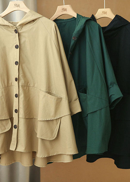 Khaki Bat Wing Sleeve Patchwork Fall Hooded Coat