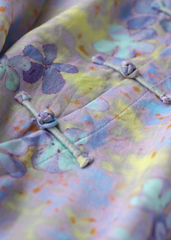 Purple O-neck Linen Shirt Top Three Quarter Sleeve
