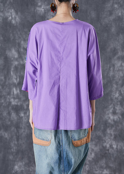 Purple Asymmetrical Print Linen Shirt Tops Summer