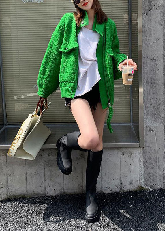 Natural Green Zippered Button Pockets Patchwork Fall Knit Sweaters Coat