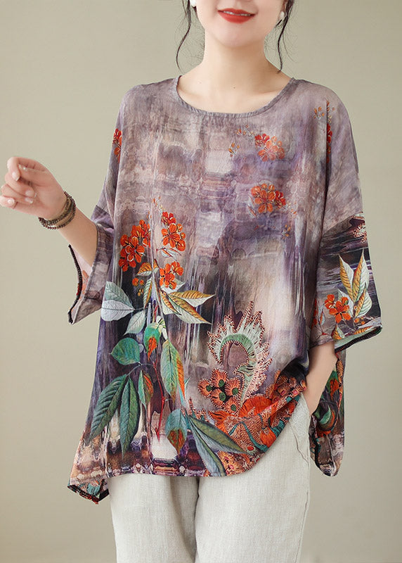 Light Purple O-neck Print Linen Top Long Sleeve