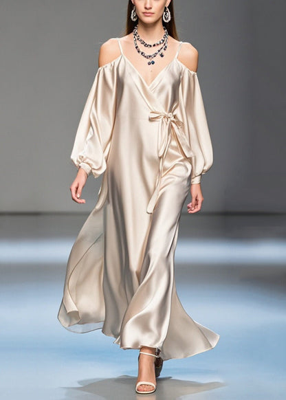 Champagne Cold Shoulder Tie Waist Silk Maxi Dresses Fall