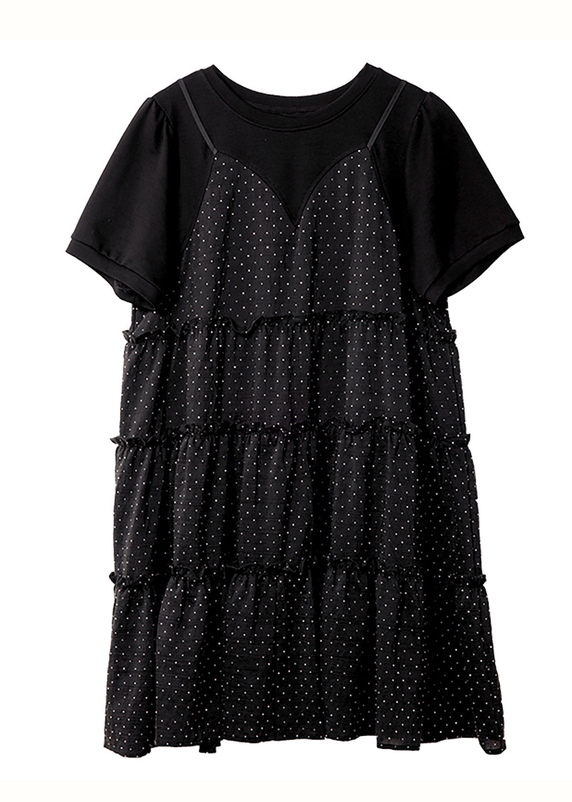 Unique Black O-neck Patchwork Dot Print Fake Two Pieces Chiffon Mid Dresses Summer