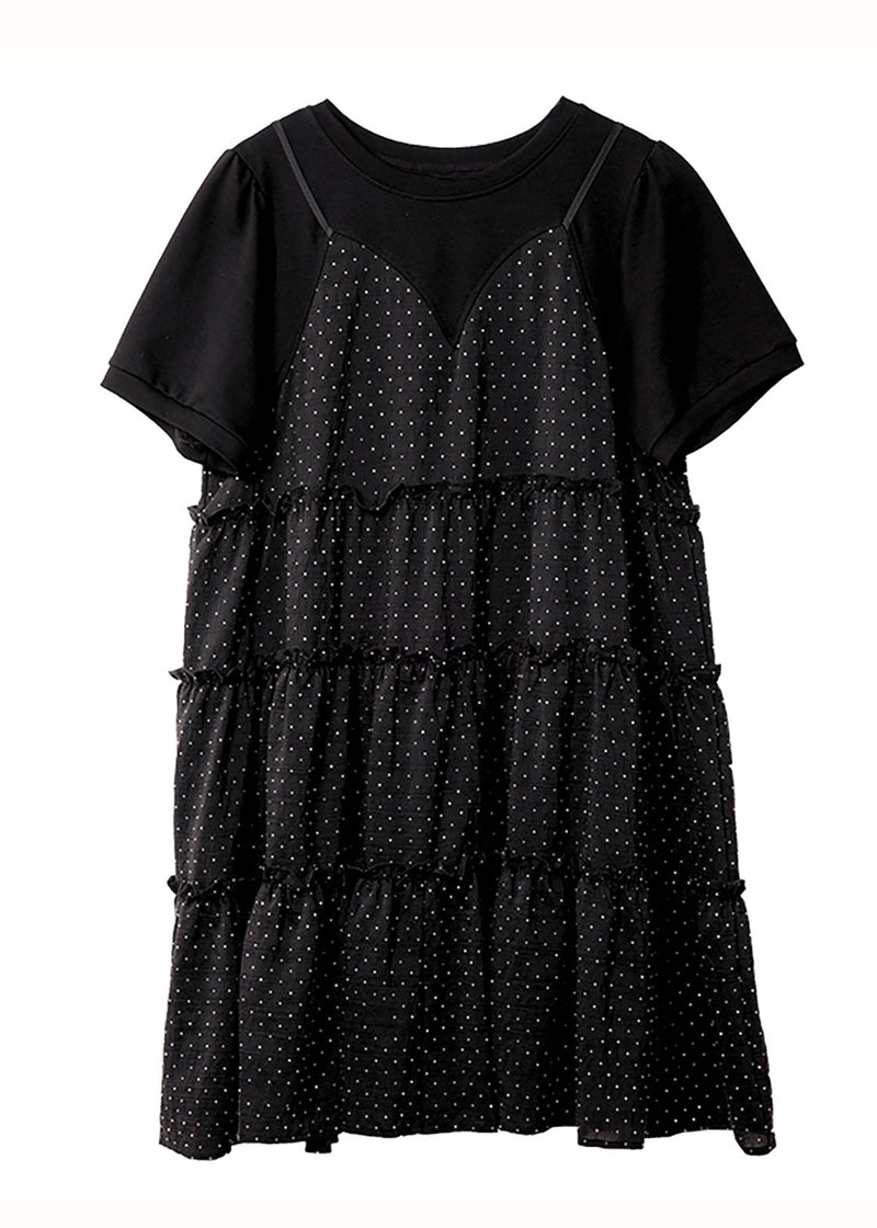 Unique Black O-neck Patchwork Dot Print Fake Two Pieces Chiffon Mid Dresses Summer