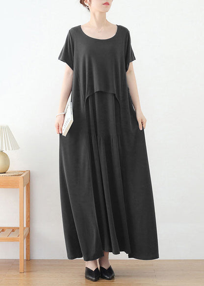 Grey O-neck Asymmetrical Design Long Dresses Short Sleeve