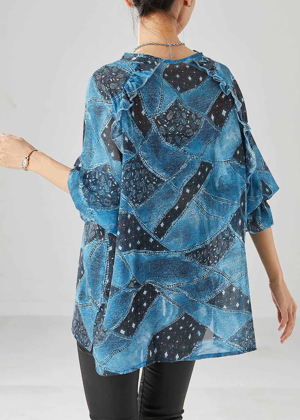 Blue Ruffled Print Chiffon Tanks Fall