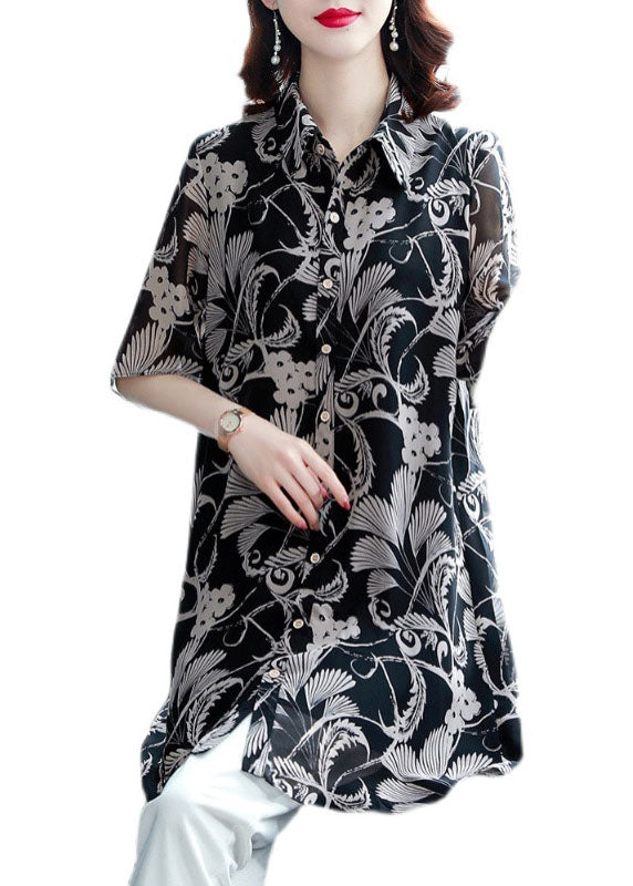 Black Turn-down Collar Print Draping Chiffon Long Shirt for Half Sleeve