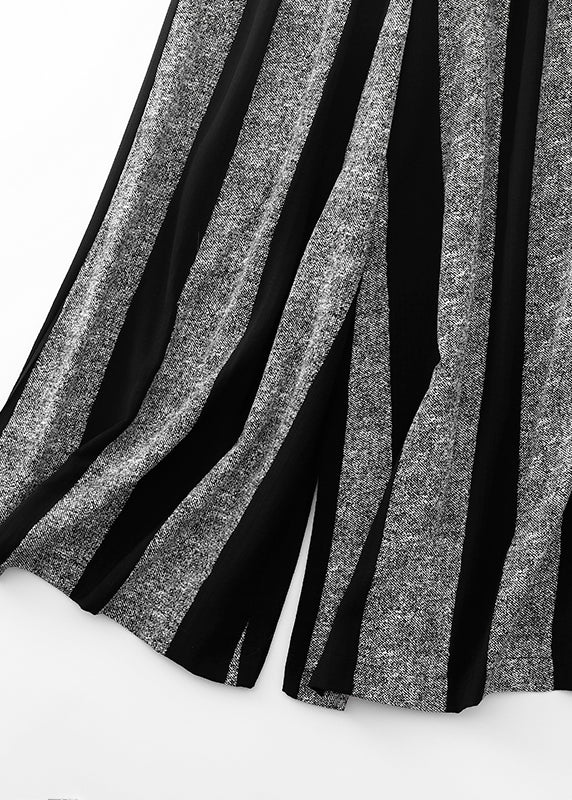 Black Striped Patchwork Cotton Wide Leg Pants Fall