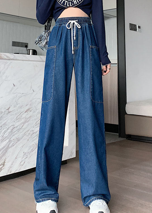 French Navy Elastic Waist Big Pockets Cotton Wide Leg Pants Summer