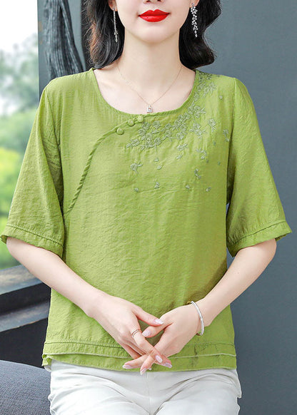 Green Cotton T Shirts O Neck Embroidered Short Sleeve