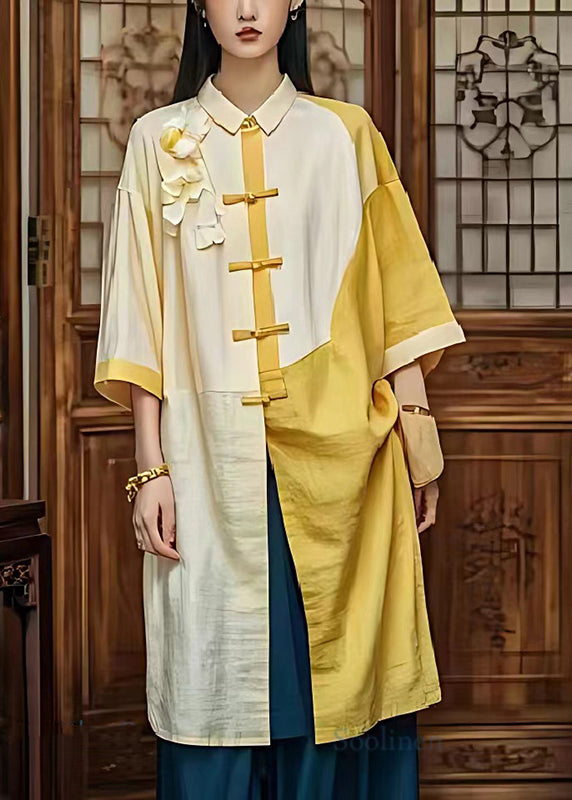 Light Yellow Chinese Button Patchwork Linen Dresses Summer