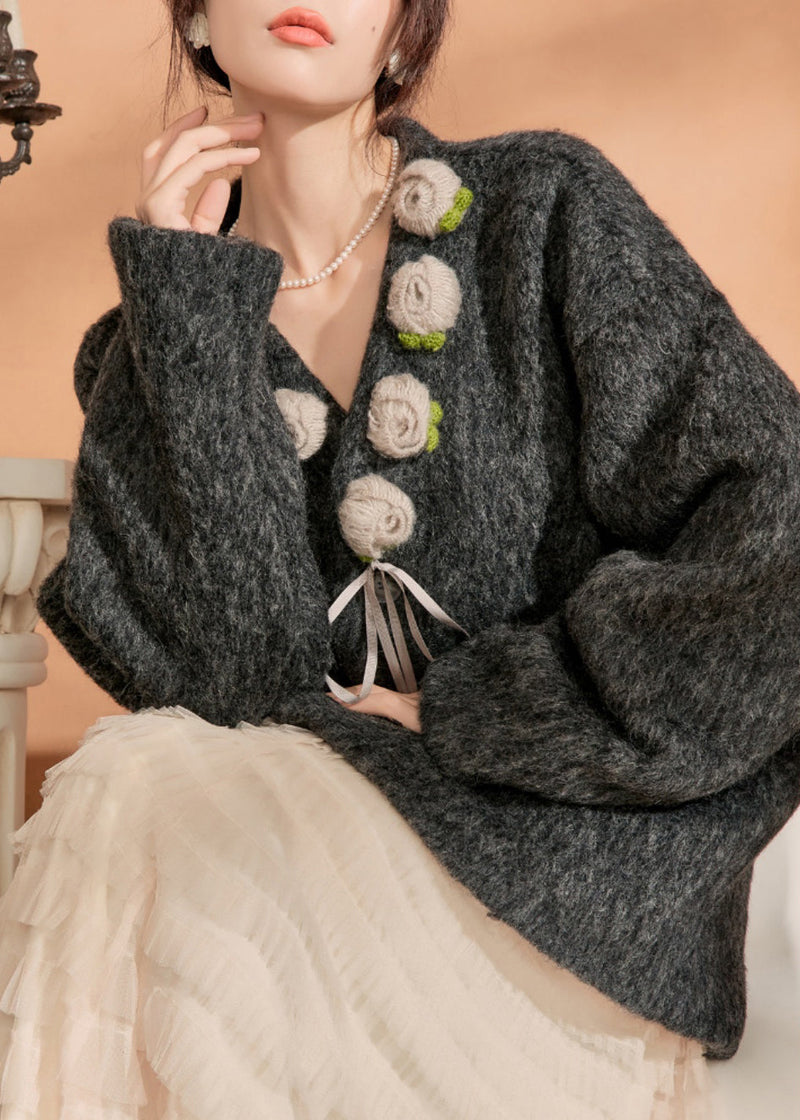 Black V Neck Pockets Woolen Coat Winter