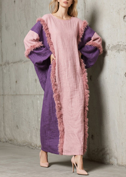 Handmade Colorblock O Neck Fuzzy Fur Patchwork Cotton Dress Fall