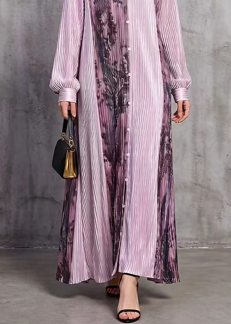 Stylish Purple Peter Pan Collar Print Wrinkled Silk Long Dresses Spring