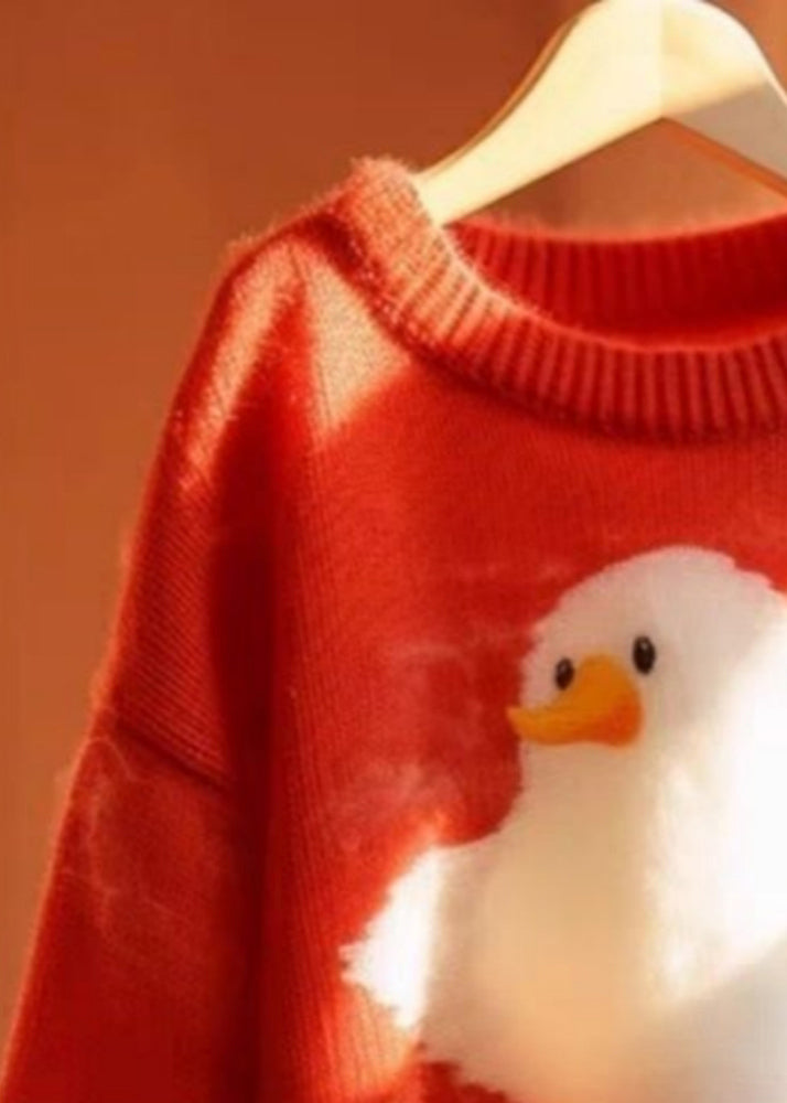 Red O Neck Little Duck Cotton Knit Sweaters Long Sleeve