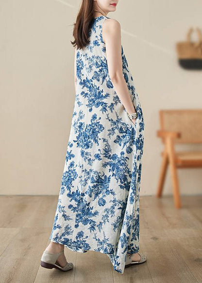 Blue O-neck Print Long Dress Summer