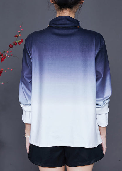 Navy Turtle Neck Gradient Color Cotton Shirt Tops Spring