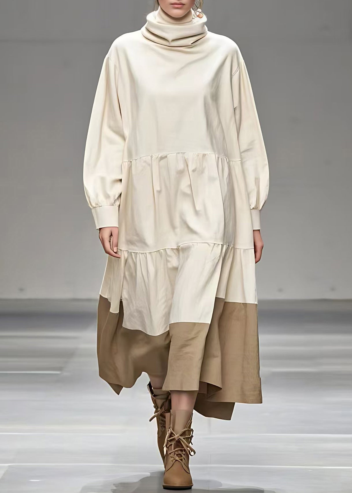 Beige Peter Pan Collar Patchwork Maxi Dress Fall