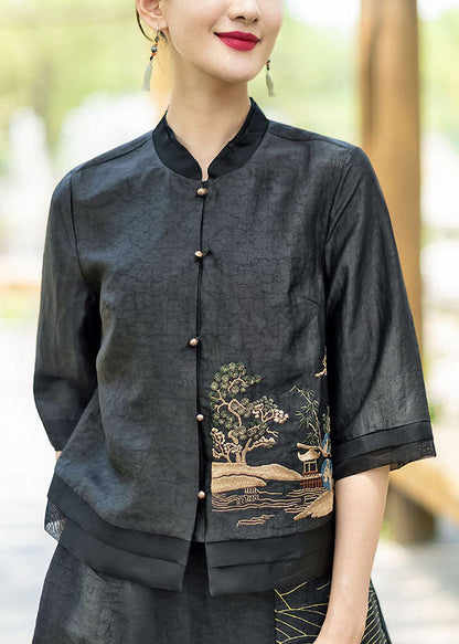 Chinese Style Black Button Embroideried Stand Collar Silk Coats Half Sleeve