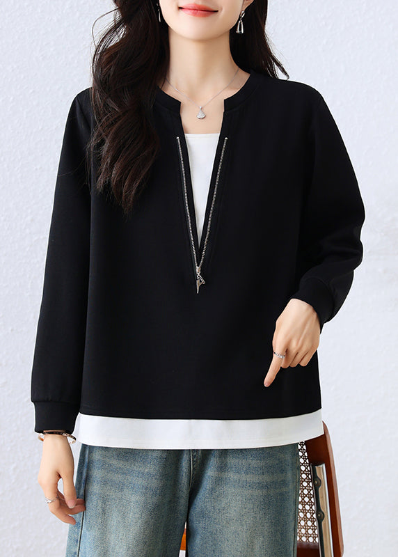 Black Zip Up Patchwork Cotton Fake Two Piece Sweatshirts Top Fall