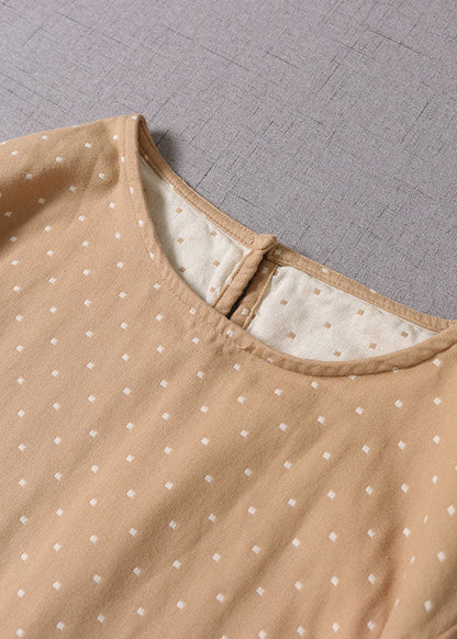 Apricot O-neck Pockets Cotton Dress Spring