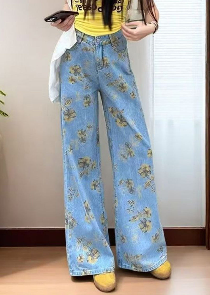 Diy Light Blue Oversized Print Denim Straight Pants Fall